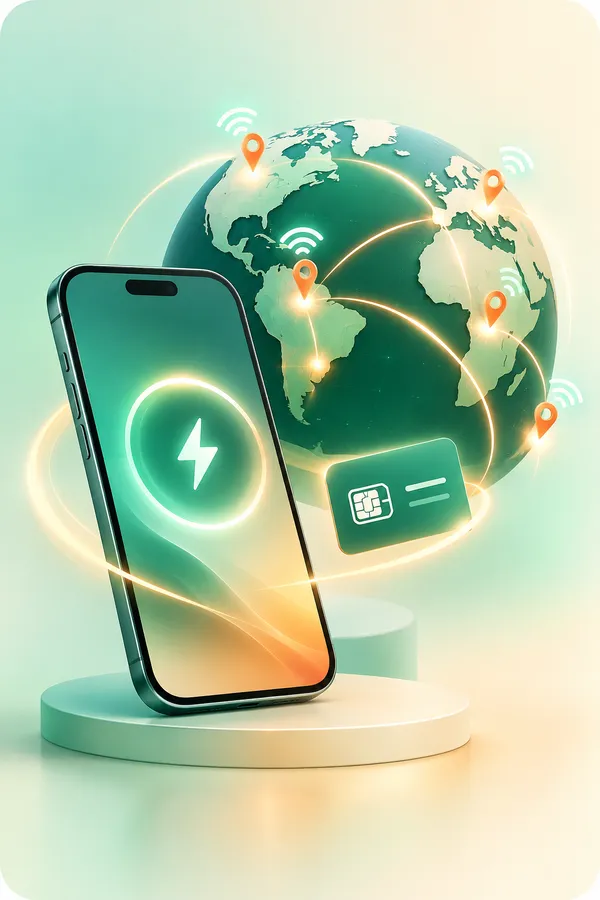Smartphone, SIM card and globe illustrating international top-ups