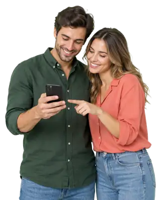 Couple smiling while topping up a prepaid phone